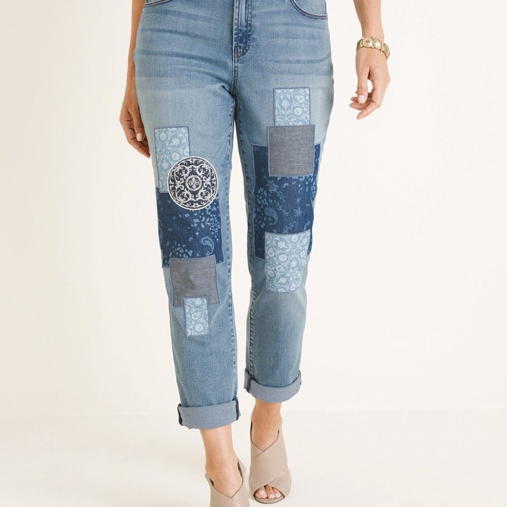 Chico's Boyfriend Ankle Patchwork Midrise Jeans Size 8